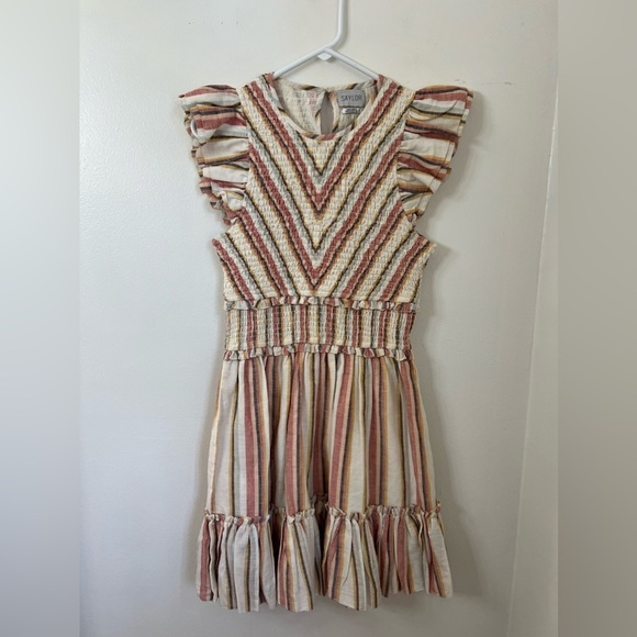 Saylor Tulsi dress multi pastel color striped print smocked ruffled small - Picture 4 of 8